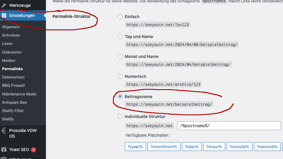 Screenshot der Einstellungen zur Permalinkstruktur